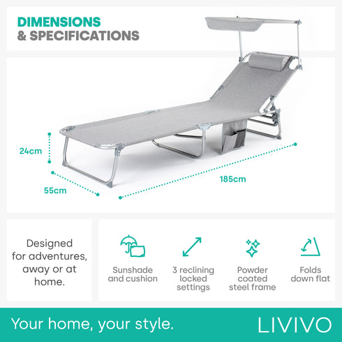 Folding Sun Lounger with Sun Shade - Grey
